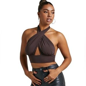 H&M Women’s Brown Halter Neck Cropped Top Size XL Boho summer Vacation